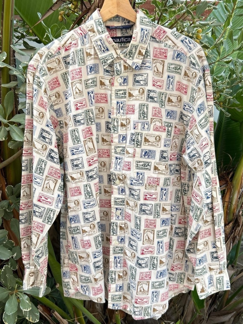 Vintage 90s Nautica Postage Stamp Print Button Up Shirt Mens M Oversized